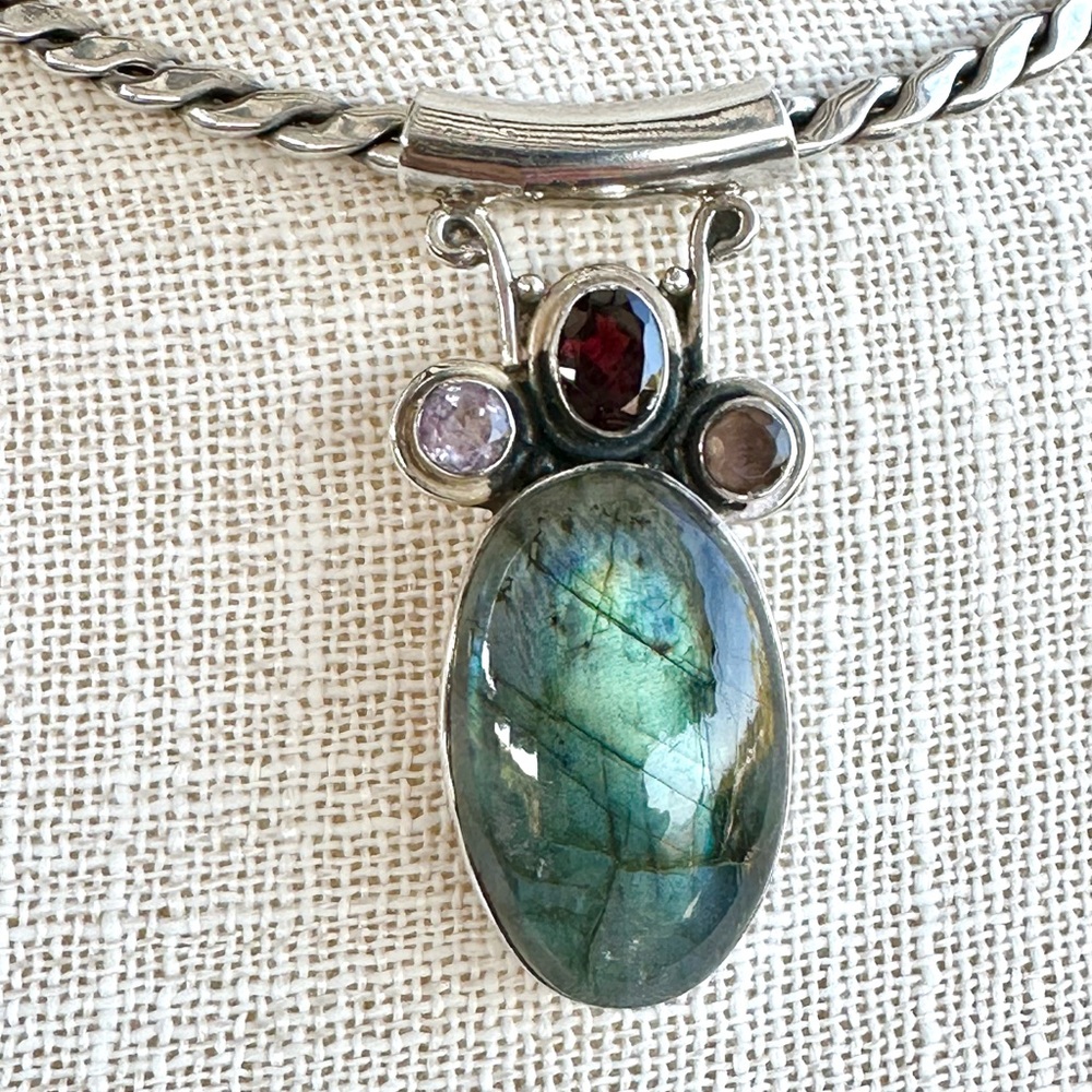 Beautiful lg labradorite pendant amethyst garnet topaz sterling silver stunning - Picture 6 of 8